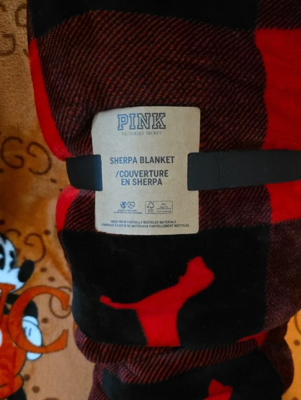 PINK Victoria's Secret Red & Black Sherpa Accent Blanket with Dog Silhouette